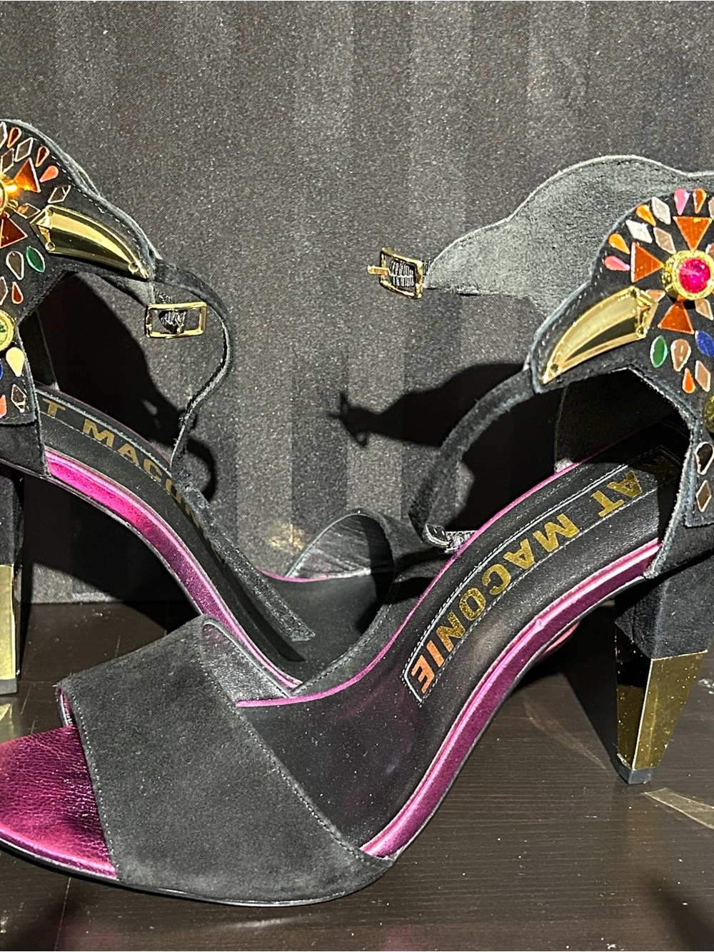 NIB Kat Maconie KATPHO PYRAMID Black Suede Heels with Multi Jewel Accents Sz 10